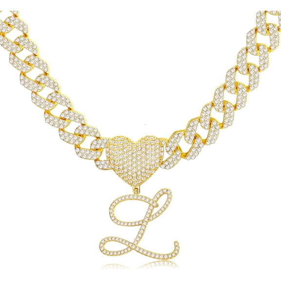 Cursive Gold Initial Pendant Necklace Iced Out Miami Cuban Link Chain For Women 18K Gold Plated Alphabet Letter Pendant Choker Hip Hop Chain Trendy Rapper Jewelry[o1704]