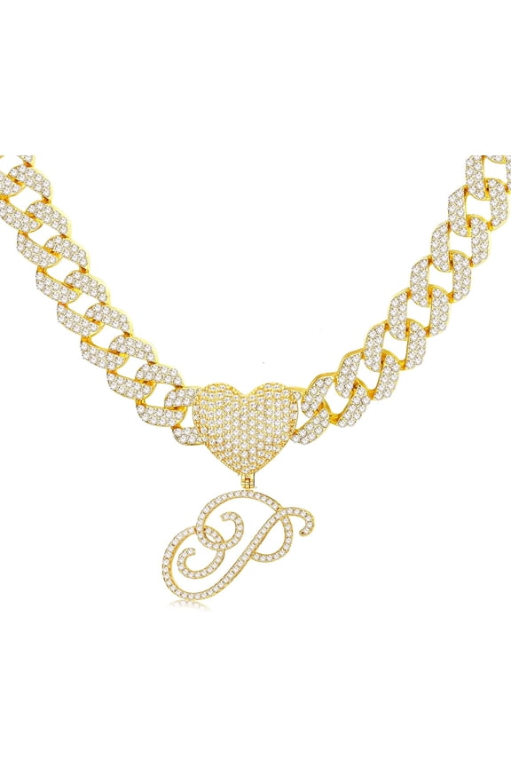 Cursive Gold Initial Pendant Necklace Iced Out Miami Cuban Link Chain For Women 18K Gold Plated Alphabet Letter Pendant Choker Hip Hop Chain Trendy Rapper Jewelry[o1709]