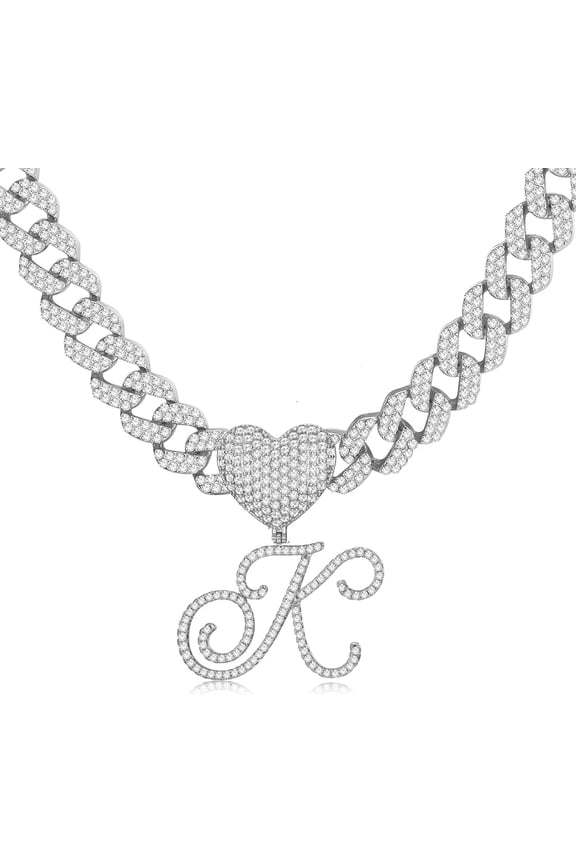 Cursive Gold Initial Pendant Necklace Iced Out Miami Cuban Link Chain For Women 18K Gold Plated Alphabet Letter Pendant Choker Hip Hop Chain Trendy Rapper Jewelry[o1690]