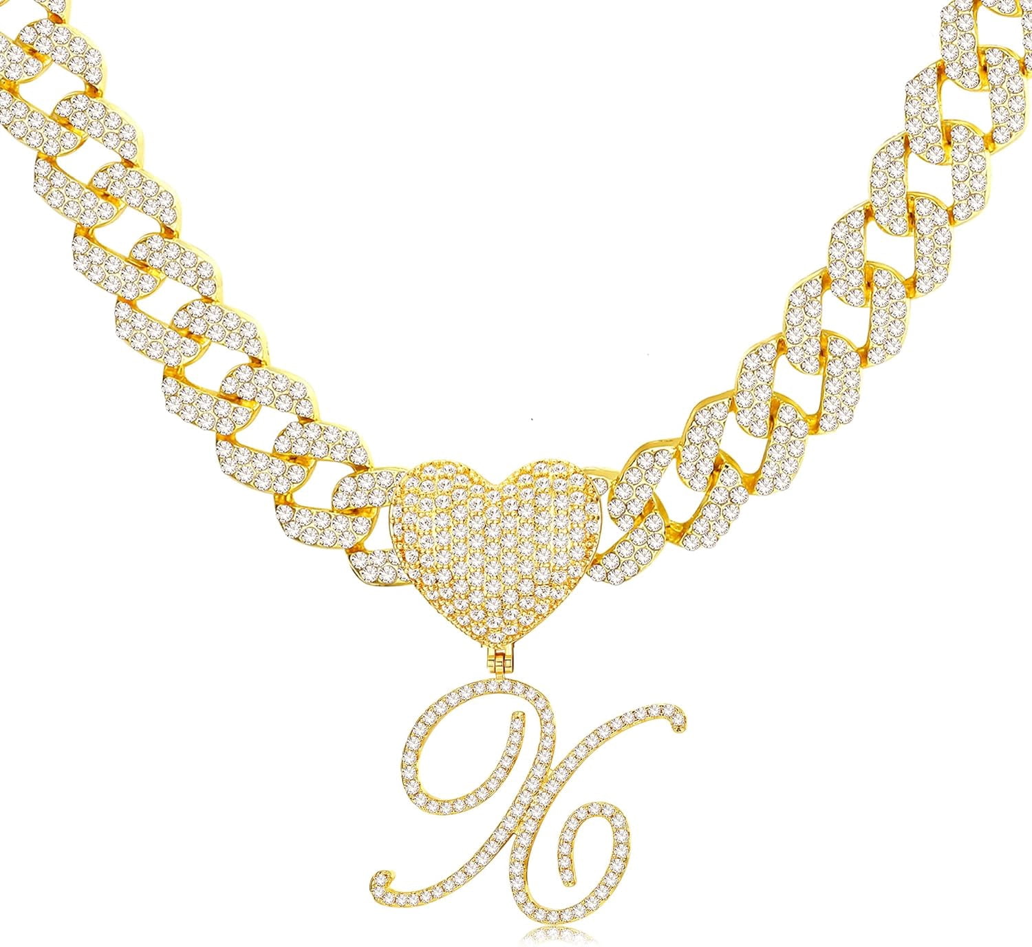 Cursive Gold Initial Pendant Necklace Iced Out Miami Cuban Link Chain ...