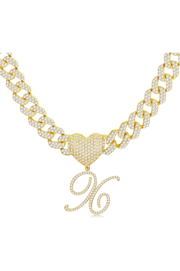 Cursive Gold Initial Pendant Necklace Iced Out Miami Cuban Link Chain For Women 18K Gold Plated Alphabet Letter Pendant Choker Hip Hop Chain Trendy Rapper Jewelry[o1711]