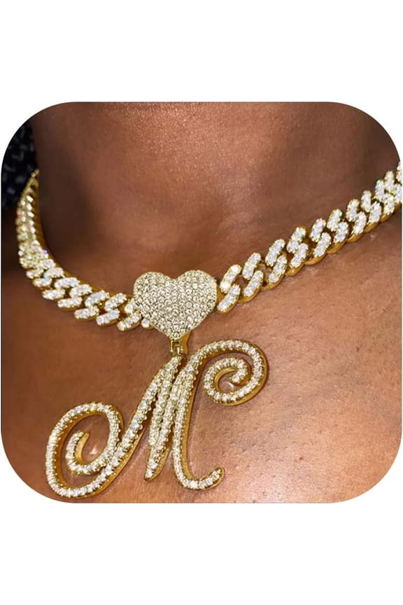 Cursive Gold Initial Pendant Necklace Iced Out Miami Cuban Link Chain For Women 18K Gold Plated Alphabet Letter Pendant Choker Hip Hop Chain Trendy Rapper Jewelry[o1702]