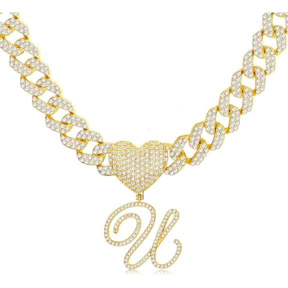 Cursive Gold Initial Pendant Necklace Iced Out Miami Cuban Link Chain For Women 18K Gold Plated Alphabet Letter Pendant Choker Hip Hop Chain Trendy Rapper Jewelry[o1703]