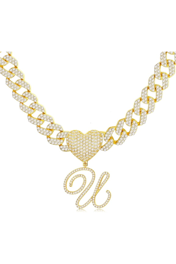 Cursive Gold Initial Pendant Necklace Iced Out Miami Cuban Link Chain For Women 18K Gold Plated Alphabet Letter Pendant Choker Hip Hop Chain Trendy Rapper Jewelry[o1703]