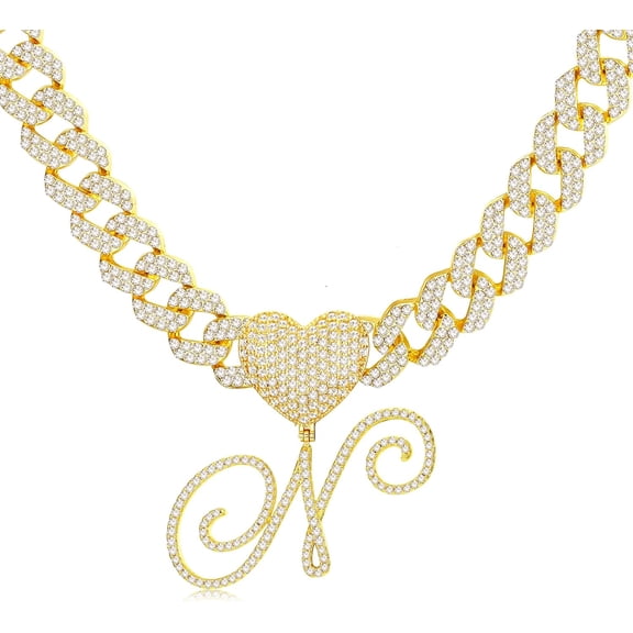 Cursive Gold Initial Pendant Necklace Iced Out Miami Cuban Link Chain For Women 18K Gold Plated Alphabet Letter Pendant Choker Hip Hop Chain Trendy Rapper Jewelry[o1710]