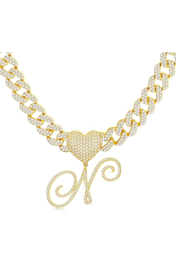 Cursive Gold Initial Pendant Necklace Iced Out Miami Cuban Link Chain For Women 18K Gold Plated Alphabet Letter Pendant Choker Hip Hop Chain Trendy Rapper Jewelry[o1710]
