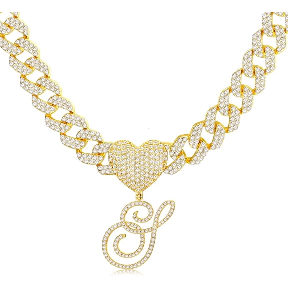 Cursive Gold Initial Pendant Necklace Iced Out Miami Cuban Link Chain For Women 18K Gold Plated Alphabet Letter Pendant Choker Hip Hop Chain Trendy Rapper Jewelry[o1700]