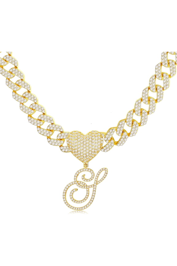 Cursive Gold Initial Pendant Necklace Iced Out Miami Cuban Link Chain For Women 18K Gold Plated Alphabet Letter Pendant Choker Hip Hop Chain Trendy Rapper Jewelry[o1700]