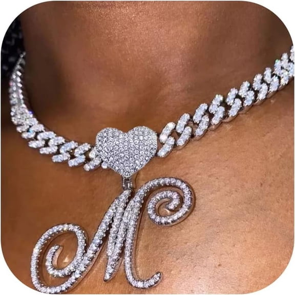 Cursive Gold Initial Pendant Necklace Iced Out Miami Cuban Link Chain For Women 18K Gold Plated Alphabet Letter Pendant Choker Hip Hop Chain Trendy Rapper Jewelry[o1686]
