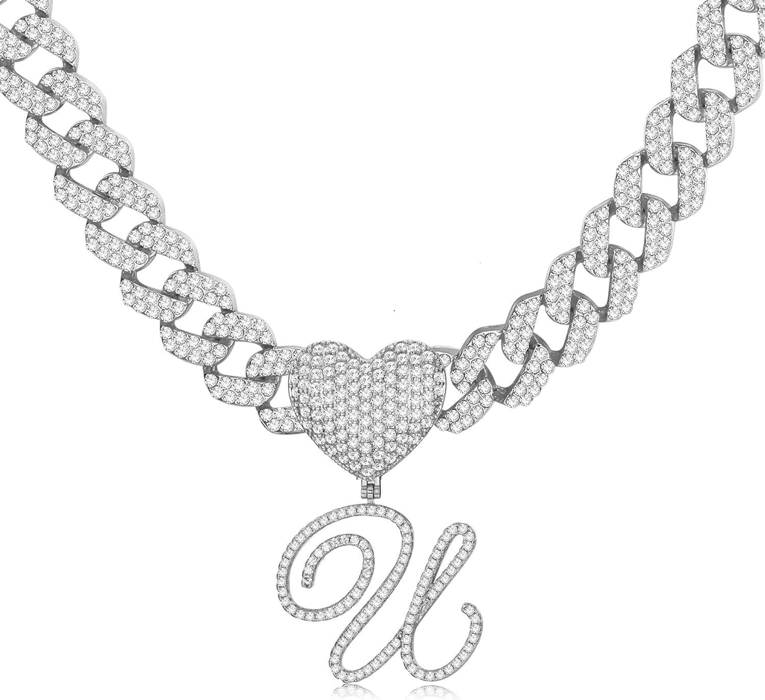 Cursive Gold Initial Pendant Necklace Iced Out Miami Cuban Link Chain ...