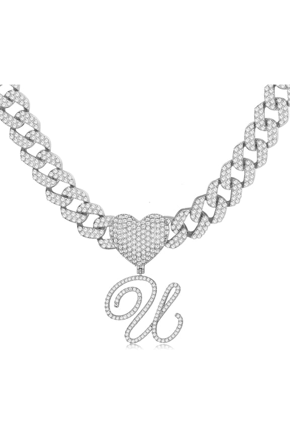 Cursive Gold Initial Pendant Necklace Iced Out Miami Cuban Link Chain For Women 18K Gold Plated Alphabet Letter Pendant Choker Hip Hop Chain Trendy Rapper Jewelry[o1687]