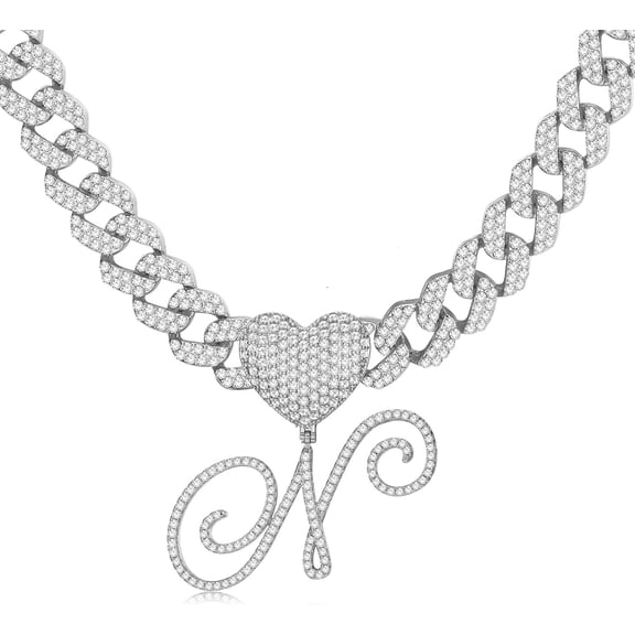 Cursive Gold Initial Pendant Necklace Iced Out Miami Cuban Link Chain For Women 18K Gold Plated Alphabet Letter Pendant Choker Hip Hop Chain Trendy Rapper Jewelry[o1691]