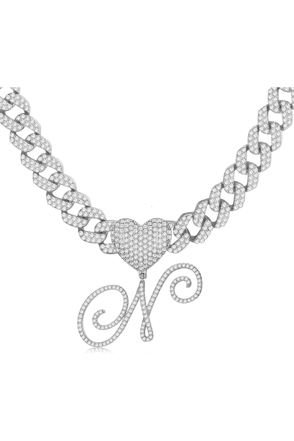 Cursive Gold Initial Pendant Necklace Iced Out Miami Cuban Link Chain For Women 18K Gold Plated Alphabet Letter Pendant Choker Hip Hop Chain Trendy Rapper Jewelry[o1691]