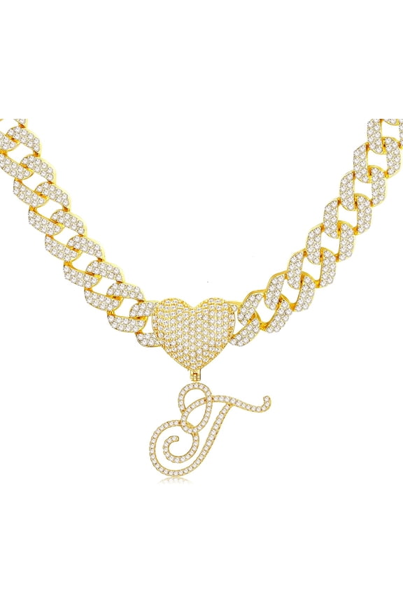 Cursive Gold Initial Pendant Necklace Iced Out Miami Cuban Link Chain For Women 18K Gold Plated Alphabet Letter Pendant Choker Hip Hop Chain Trendy Rapper Jewelry[o1695]