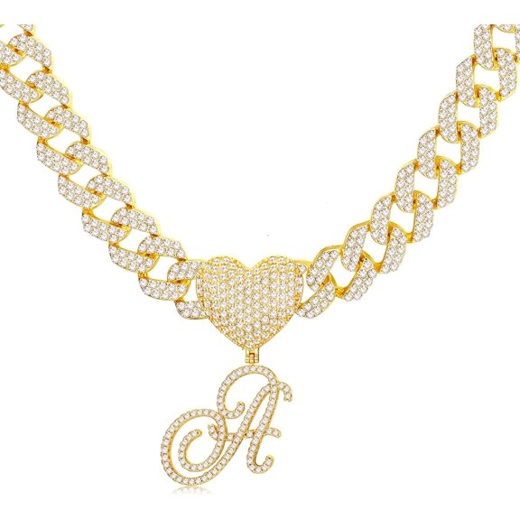 Cursive Gold Initial Pendant Necklace Iced Out Miami Cuban Link Chain For Women 18K Gold Plated Alphabet Letter Pendant Choker Hip Hop Chain Trendy Rapper Jewelry[o1696]