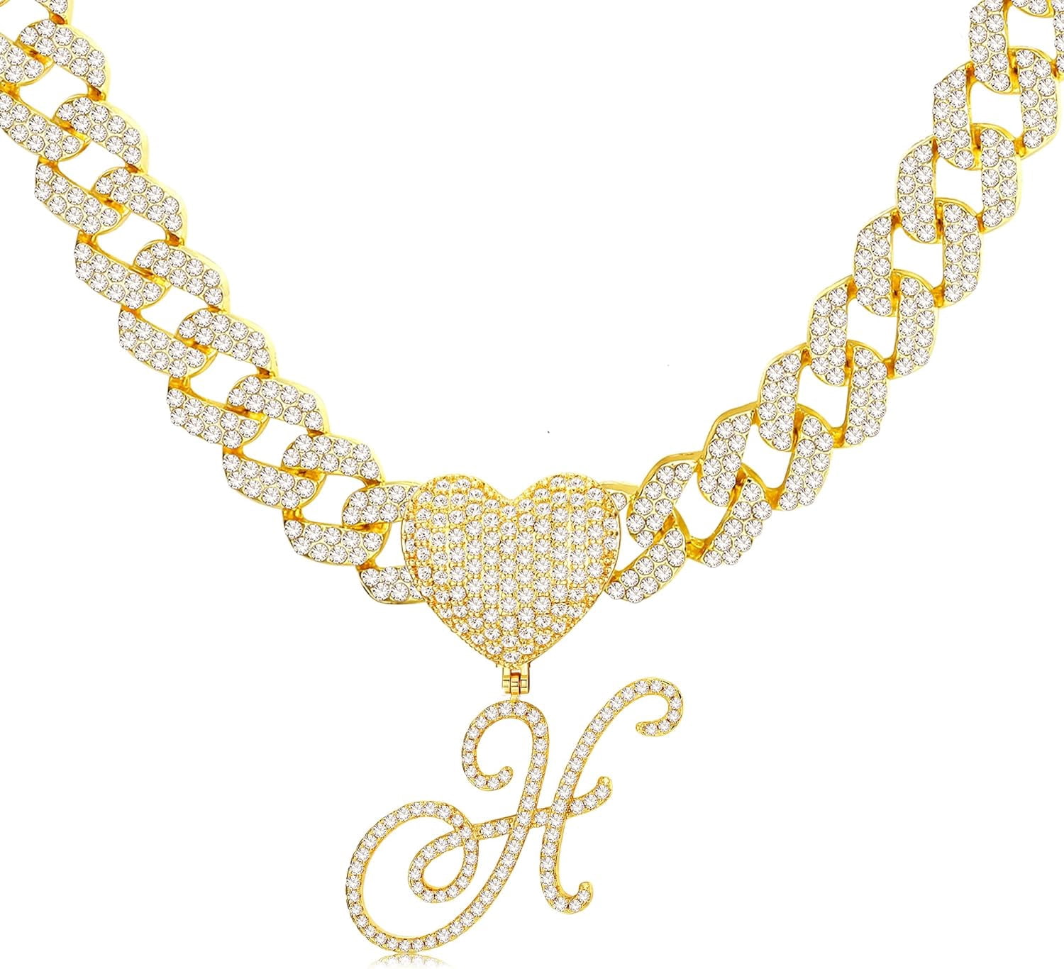 Cursive Gold Initial Pendant Necklace Iced Out Miami Cuban Link Chain ...