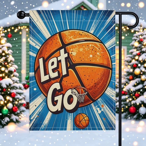 Cursive Let Go Basketball Pattern Polyester Garden Flag, 12X18Inch, Game Day Hoop Patio Backyard Decor, No Poles Included