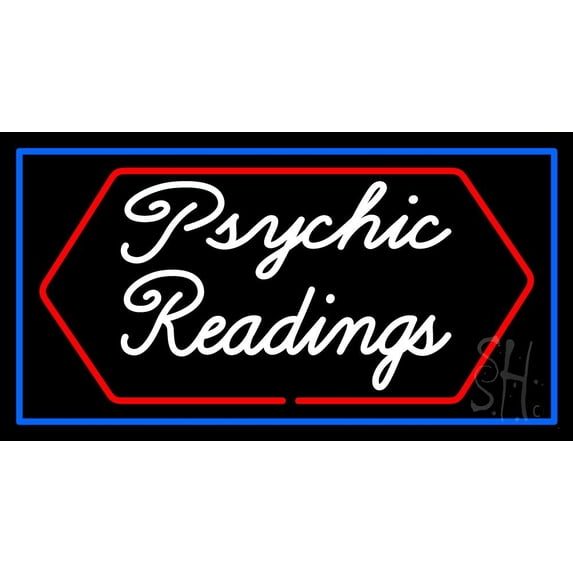Cursive Psychic Readings With Blue Border LED Neon Sign 13" Tall x 24" Wide - inches Black Square Cut Acrylic Backing, with Dimmer - Bright and Premium built indoor LED Neon Sign for Storefront.