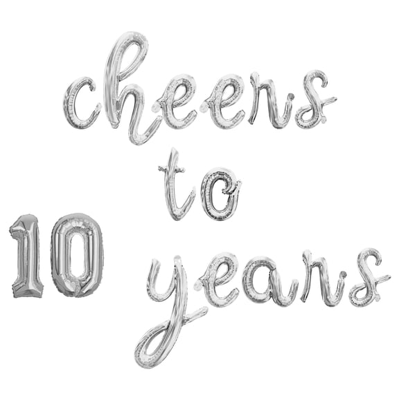 Cursive Script Letter Balloons - CHEERS TO 10 YEARS 16" Inch Alphabet Letters Foil Mylar Balloon 10th Birthday or Anniversary Party Banner (Silver)