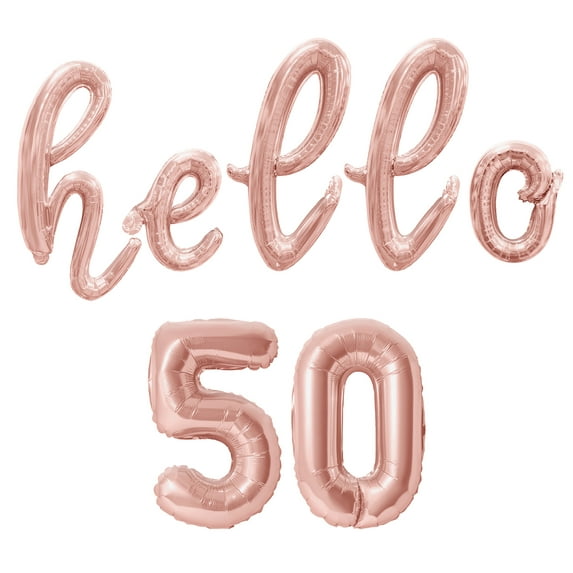Cursive Script Letter Balloons - HELLO 50 16" Inch Alphabet Letters Foil Mylar Balloon 50th Birthday Party Banner (Rose Gold)