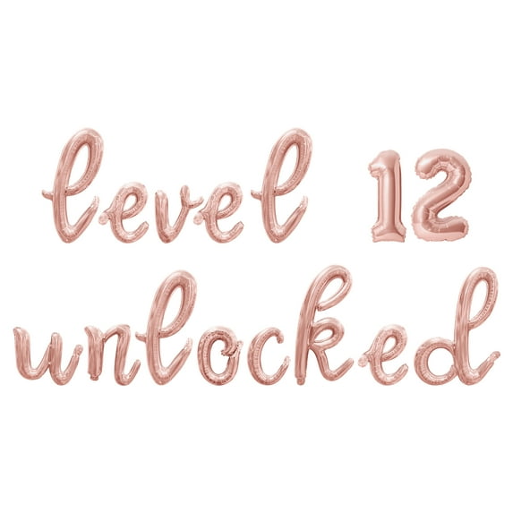 Cursive Script Letter Balloons - LEVEL 12 UNLOCKED 16" Inch Alphabet Letters Foil Mylar Balloon 12th Birthday Party Banner (Rose Gold)