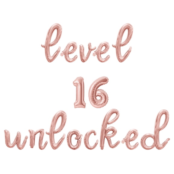Cursive Script Letter Balloons - LEVEL 16 UNLOCKED 16" Inch Alphabet Letters Foil Mylar Balloon 16th Birthday Party Banner (Rose Gold)