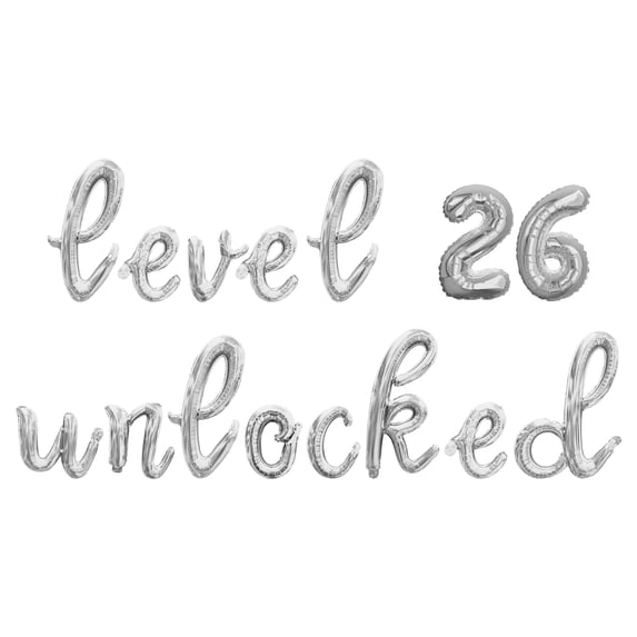 Cursive Script Letter Balloons - LEVEL 26 UNLOCKED 16" Inch Alphabet Letters Foil Mylar Balloon 26th Birthday Party Banner (Silver)