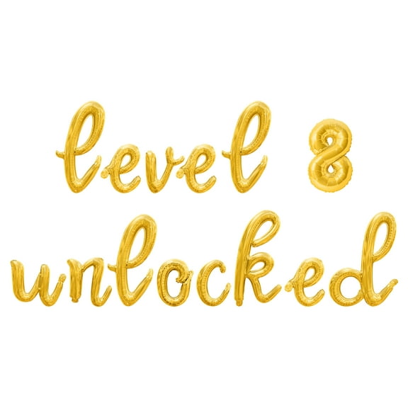 Cursive Script Letter Balloons - LEVEL 8 UNLOCKED 16" Inch Alphabet Letters Foil Mylar Balloon 8th Birthday Party Banner (Gold)