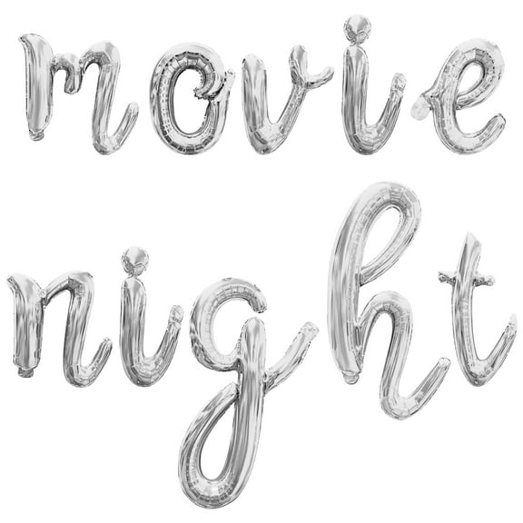 Cursive Script Letter Balloons - MOVIE NIGHT 16" Inch Alphabet Letters Foil Mylar Balloon Cinema Night Party Banner (Silver)