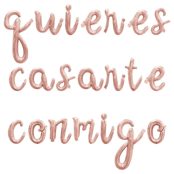 Cursive Script Letter Balloons - QUIERES CASARTE CONMIGO 16" Inch Alphabet Letters Foil Mylar Balloon Marriage Proposal Party Banner (Rose Gold)