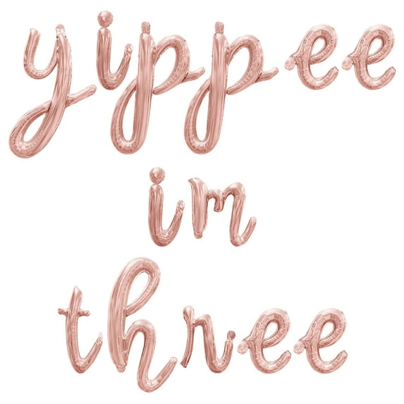 Cursive Script Letter Balloons - YIPPEE IM THREE 16" Inch Alphabet Letters Foil Mylar Balloon 3rd Birthday Party Banner (Rose Gold)