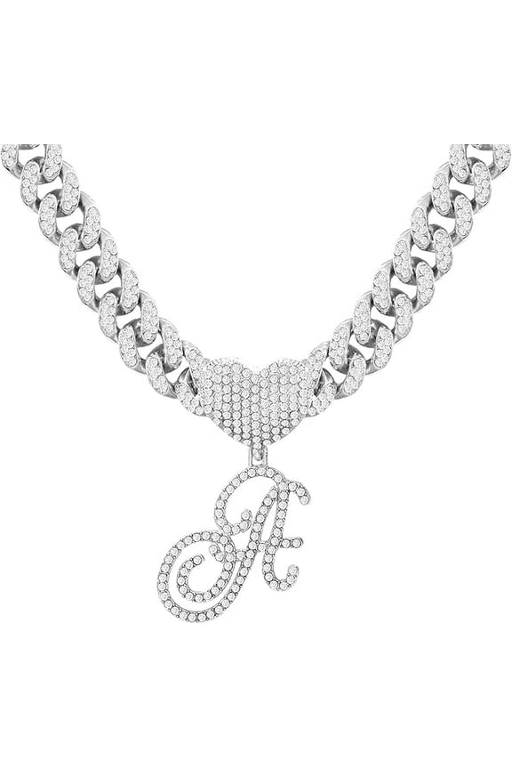 Cursive Silver Initial Pendant Necklaces Alphabet Pendant Miami Cuban Link Chain Necklace for women Hip Hop Iced Out Letter Chain with Pendant Jewelry