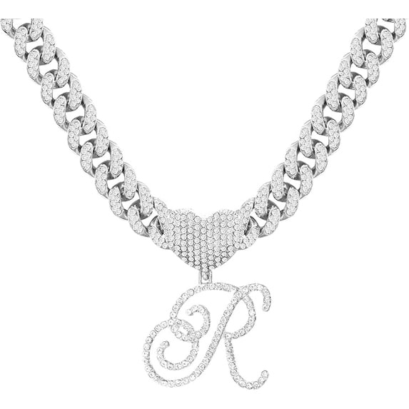 Cursive Silver Initial Pendant Necklaces Alphabet Pendant Miami Cuban Link Chain Necklace for women Hip Hop Iced Out Letter Chain with Pendant Jewelry