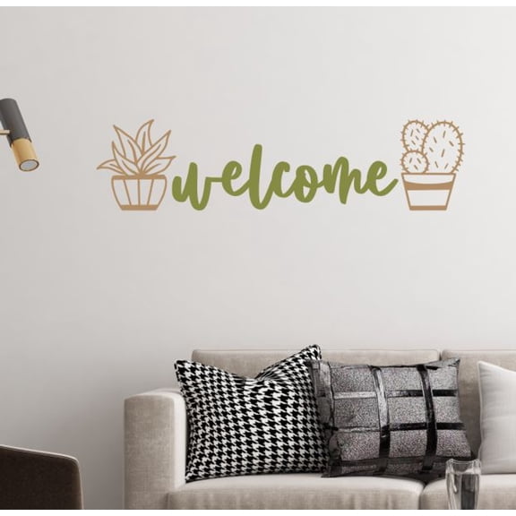 Cursive Welcome Plant Art Entryway Welcome Decor for Wall - Vinyl Wall Art - Quote Decals for Wall - Inspirational Vinyl Decals - Matte Removable Wall Stickers Quotes, 23x6-Inch, Olive/Tan