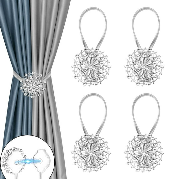 Curtain Clip 4 PACK Silver Magnetic, Curtain Tiebacks, Crystal Flower Window Curtain Decorative No Drilling Drapery Holdbacks with High-Elastic Spring Wire for Home Office Decor