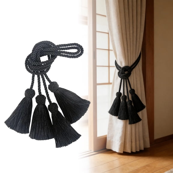 Curtain Ensemble with Two Drapery Cords Ties and Decorative Rings Includes Device for Elegant Room Décor,37.79 in,Black