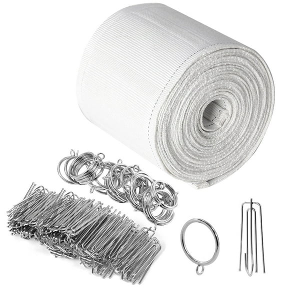 Curtain Hanging Kit with 30 Hooks and Rings, 10 Yard White Curtain Tape with Metal 4 Prong Pleating Hooks, Complete Drapery Hardware Set for Window Treatment