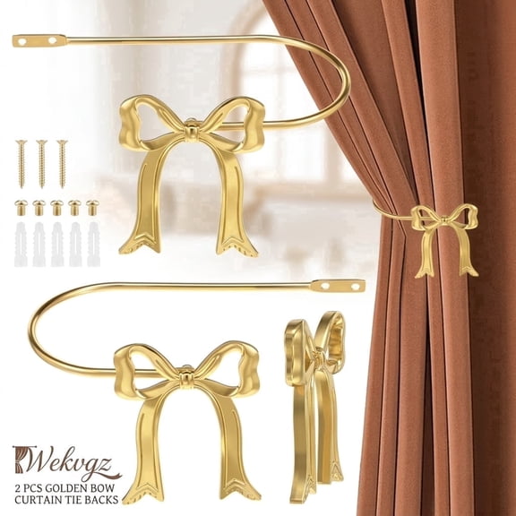 Curtain Holdbacks Gold Bow Knot Drapery Tiebacks Metal Window Curtain Hooks for Drapes Wall Mounted, Zinc Alloy, 2 Pack