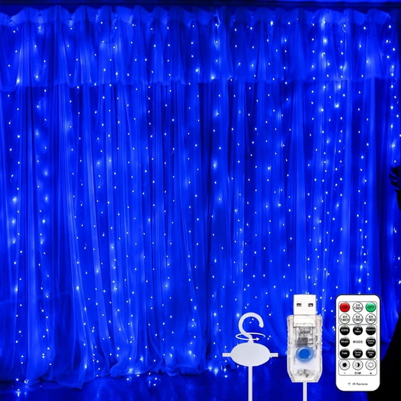 Curtain Light, 9.8ft x 9.8ft Copper Wire String Lights, USB Powered Hanging Window Fairy Lights, 8 Lighting Modes, Remote Control for Home Christmas Wedding Party (Blue)