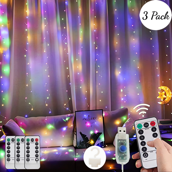 3 Pack 900 LED Curtain Lights,900 LED Bedroom Fairy Lights,8 Modes Fairy Lights,USB Remote Control Multicolor Window Curtain Lights,9.9 x 9.9 ft