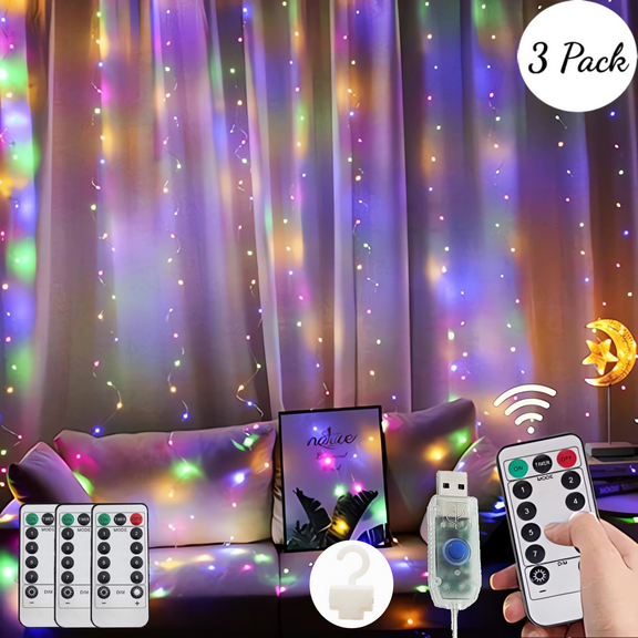 3 Pack 900 LED Multi-Color Fairy Curtain Lights, 9.9ft × 9.9ft, 8 Modes Twinkle Lights with Remote, USB Hanging String Lights for Bedroom, Outdoor Wall Decor