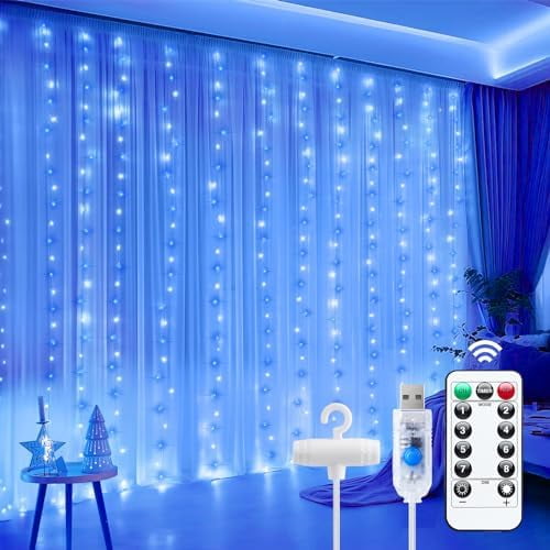 Curtain Lights, 300 LED Dimmable Fairy Lights with Remote and Timer, 8 Modes, USB Powered String Lights for Room Wall Party Xmas Indoor Decor, Blue & White