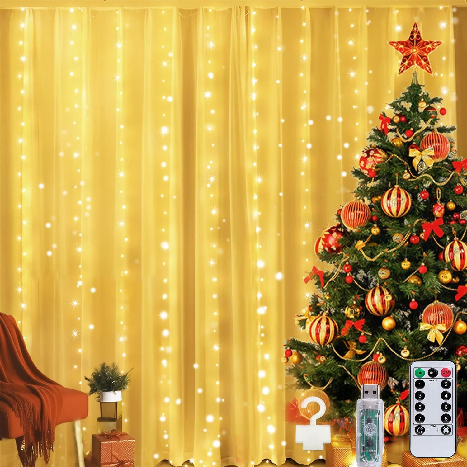 Curtain Lights, 300 LED Dimmable Fairy Lights with Remote and Timer, 8