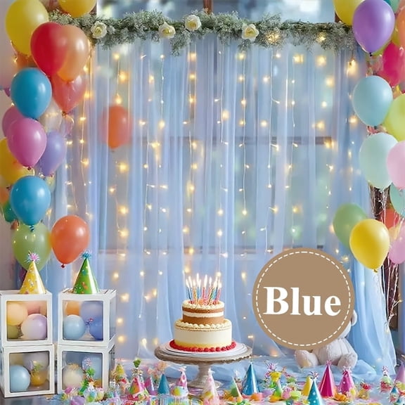 Curtain Lights for Backdrop, 2pcs 5.2X10Ft Tulle Backdrop Curtain Set with 10x10 Ft Curtain String Lights, Sheer Photo Background for Baby shower Photography Wedding Backdrop Decorations, Pink/Blue