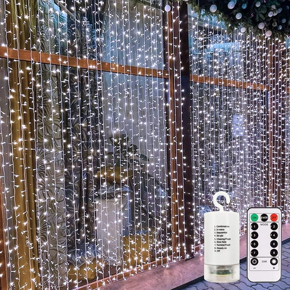 Curtain Lights Battery Operated, 9.8Ft x 9.8ft 300 LED Curtain String Light with Remote Timer 8 Modes Hanging Lights for Wedding Party Home Garden Wall Decor (Cool White)