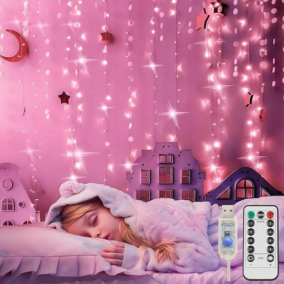 Curtain Lights for Bedroom, 200 Led 6.5ft x 6.5ft Hanging String Lights Outdoor, Fairy Curtain Lights for Backdrop, Window, Wall, Wedding, Party, Garden, Porch, Birthday Decorations Pink
