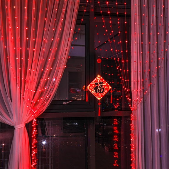 Curtain Lights- Red Lanterns Christmas Curtain Lights USB with Remote Control 8 Modes for Wedding- Spring Festival- Party- Christmas.