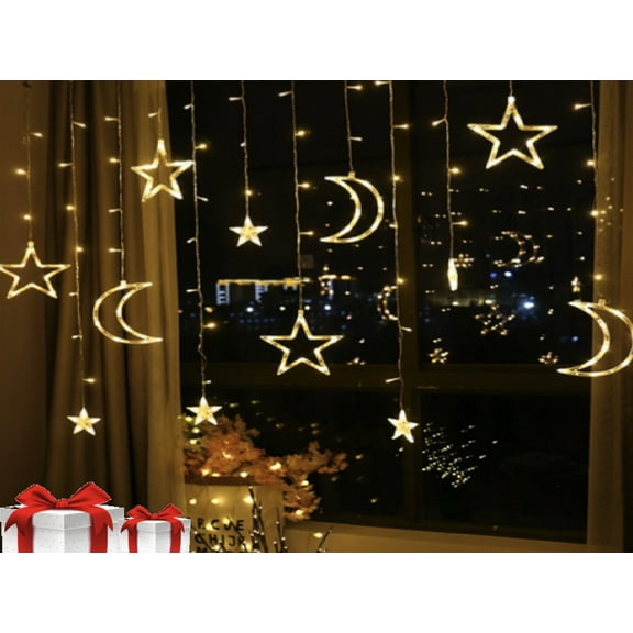 Ramadan String Lights, Twinkle Star 138 LED Star Moon Curtain String Lights, Window Curtain Lights with 8 Flashing Modes Wedding Party, Home, Patio Lawn Decorations 3 Big Moon 4 Big Stars (WW)