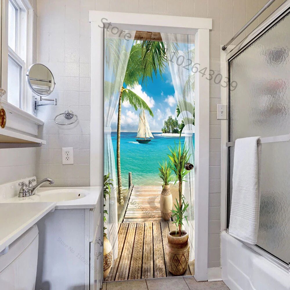 Curtain Outside Sea Door Stickers Beach Adhesive Mural Decoration ...