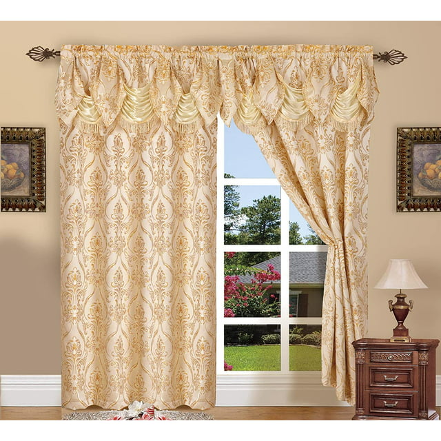 Curtain Panel Set with Attached Waterfall Valance, Jacquard Fabric ...